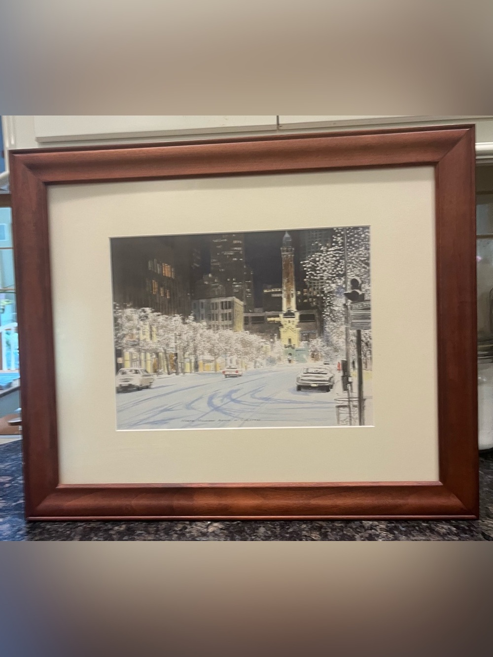 Framed Winter Michigan Avenue Art Print in Soft White and Brown